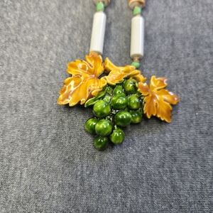 Vintage Necklace Green Grape Cluster With Orange Leaves Glass Beads